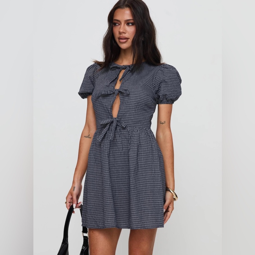 NWT Princess Polly Nurture Bow Mini Blue check Gingham Dress